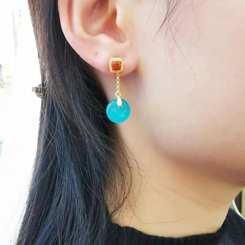 New Chinese style earrings with two sets of silver inlaid with South Red Tianhe stone earrings, simple and cool style earrings