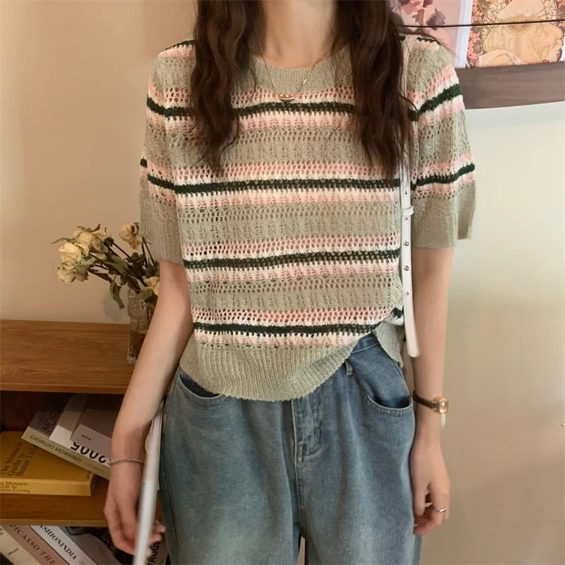 Hollow Out T-shirts Women Knitted Summer Cozy Striped New Fashion Leisure Young Office Female Korean Style Sweet All-match Chic