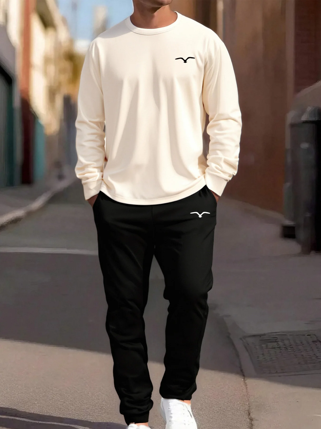 

Mens Round Neck Long Sleeve T-Shirt and Jogger Pants Set Breathable Comfortable Casual Outfit for Spring and Autumn
