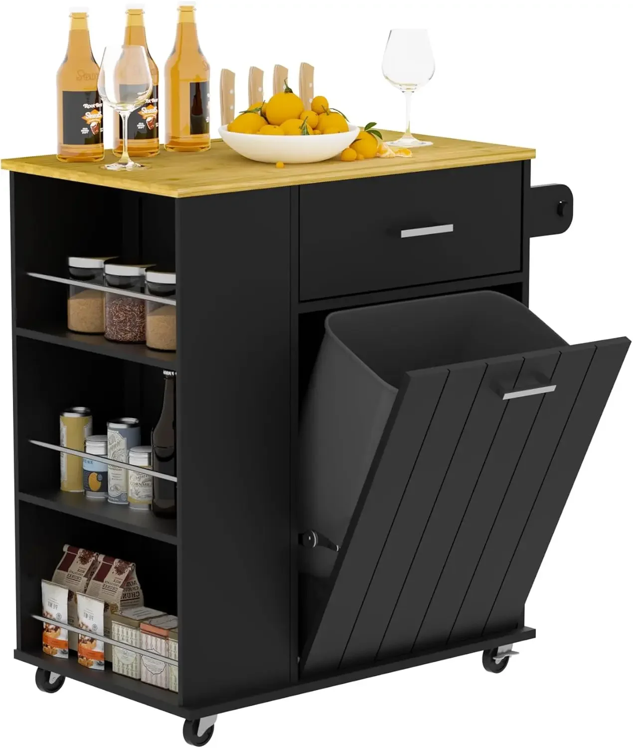 Rolling Kitchen Island with Trash Can Storage, Portable Kitchen Island on Wheels with Towel Rack & Spice Rack, Tilt Out Trash