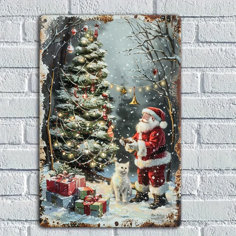 Vintage Aluminum Christmas Sign with Pre-drilled Holes, Santa Claus and Cat Design Wall Hanging Decorative Plaque for Home