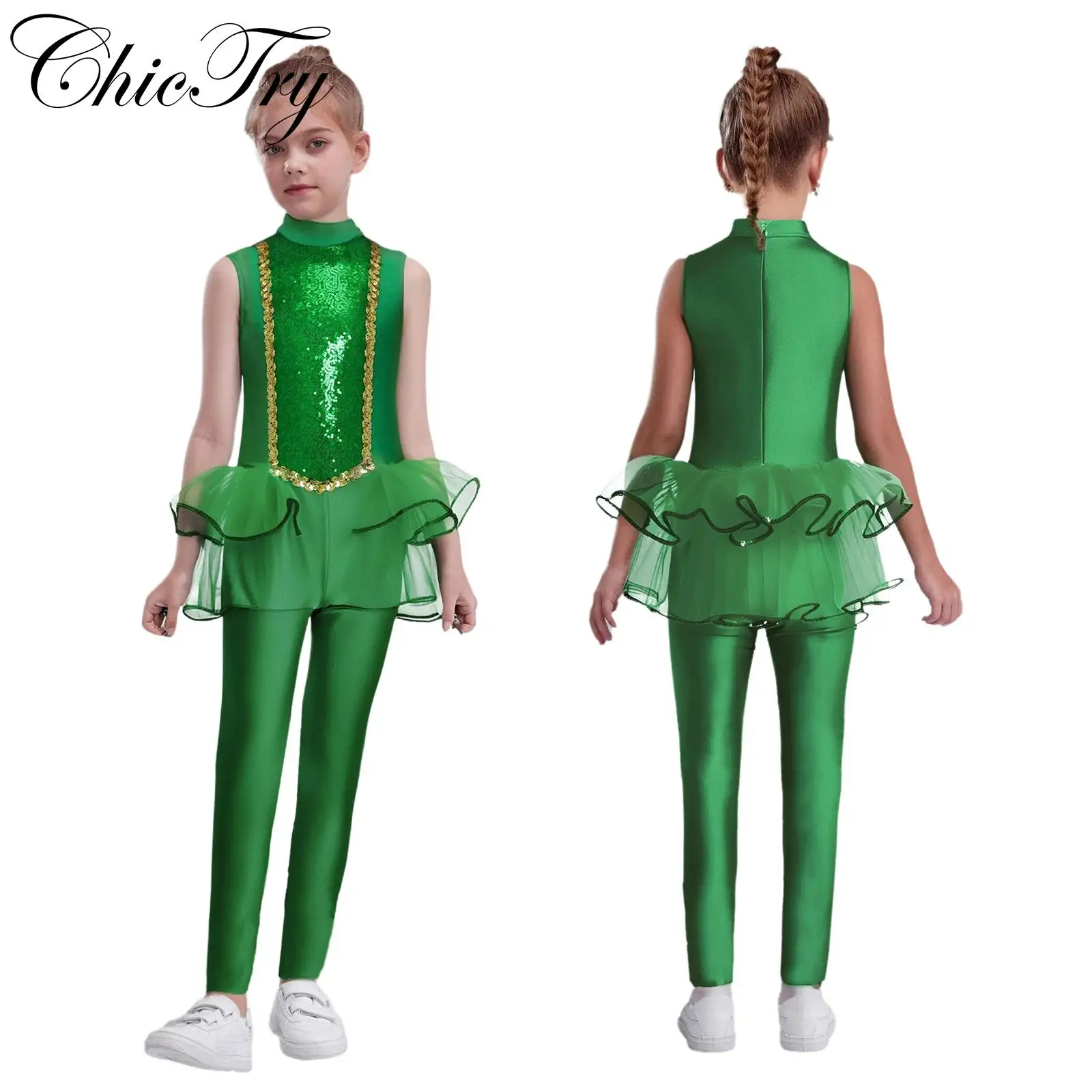 

Kids Girls Fairy Costume Sequins Cosplay Jumpsuit Sleeveless Waist Puffy Mesh Long Pants Romper Carnival Party Stage Performance