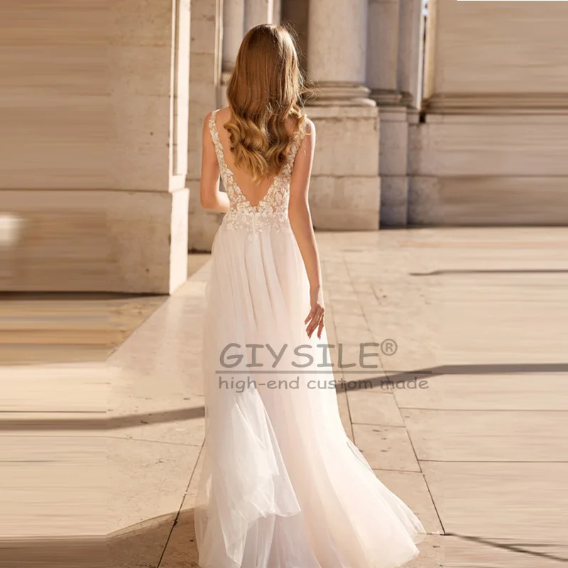 GIYSILE Customized Sexy Deep V Neck Wedding Dresses for Women 2025 Bride Open Back Boho Lace Bridal Party Gown Sleeveless Dress