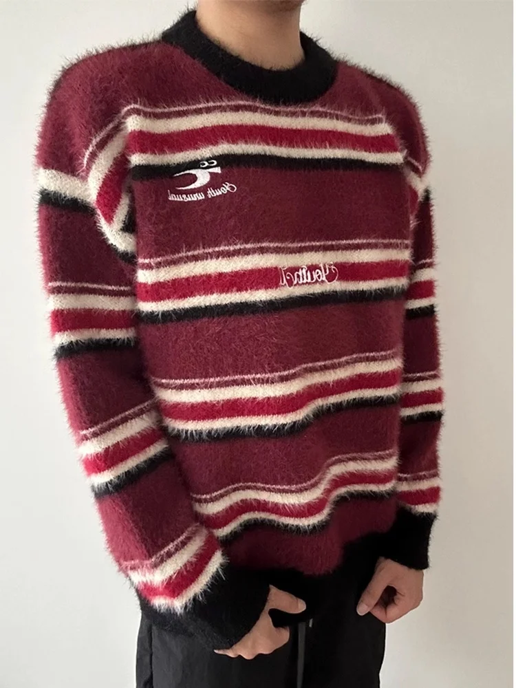 

Вязаный свитер в полоску с вышивкой в стиле ретро из американского норкового меха, круглый топ Ne High End Feeling ex Long Sve Top