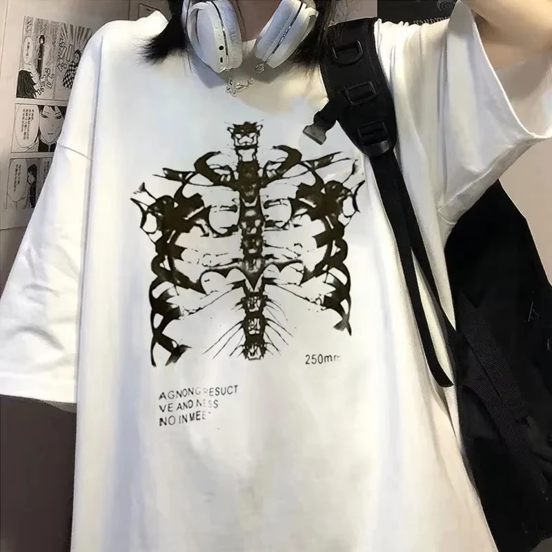 Gothic Hip Hop Streetwear Y2k Harajuku T-Shirts mit Skelett-Print, schwarze Gothic-Kleidung, lässige, lockere T-Shirts mit kurzen Ärmeln und Rundhalsausschnitt, unisex. – Detail 5
