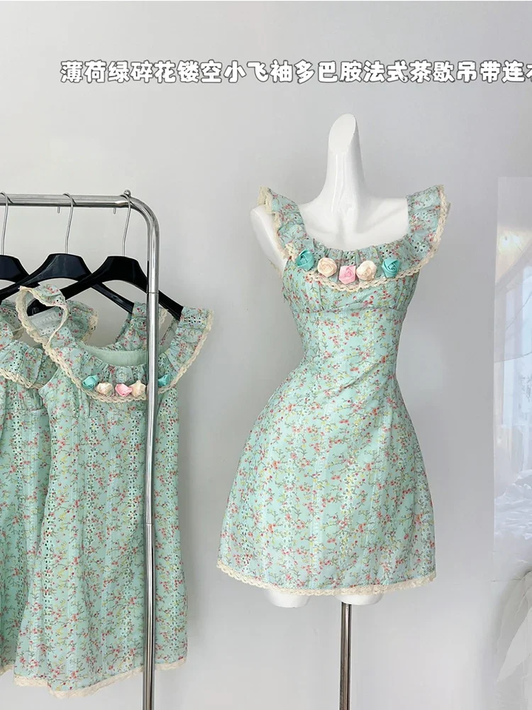 

Летнее цветочное французское винтажное мини-платье феи, женское банкетное платье в стиле девушки Мори, платье для выпускного вечера, женское цельное платье