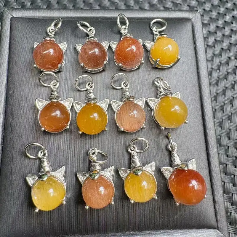 S925 Natural Rabbit Hair Quartz Sphere Cat Head Carving Safety Buckle Pendant Healing DIY Necklace Fashion Jewelry Gift 1pcs