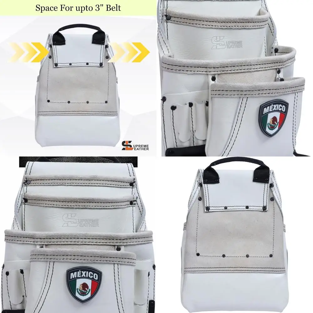 

Белая кожаная сумка для инструментов в стиле мексиканского флага с держателем для молотка для плотников, кровельщиков, столяров и электриков