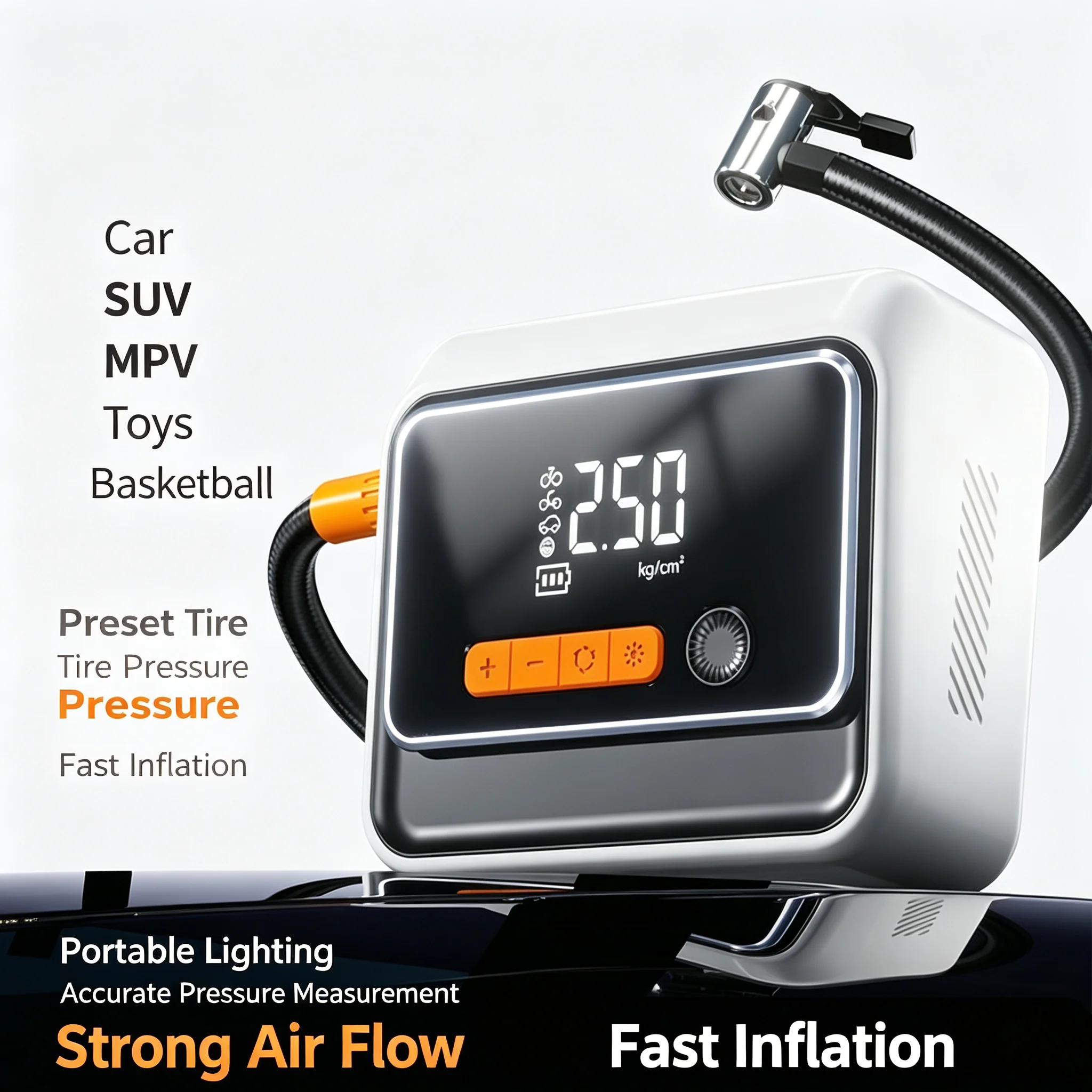 Portable Car Tire Inflator with Dual Screen Digital Display, Wireless Charging & Power Bank Function