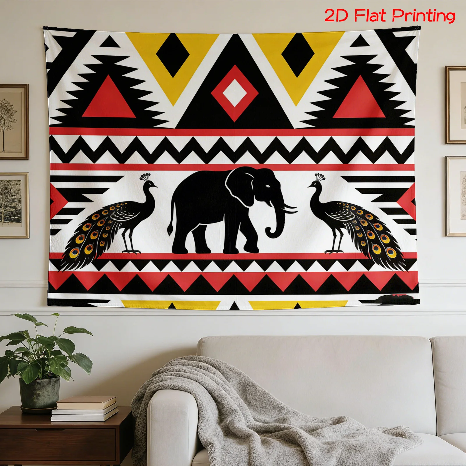 Bohemian Tribal Geometric Tapestry Wall Art Hanging Decor Elephant Peacock Pattern Ethnic Boho Living Room Bedroom Accent Home D