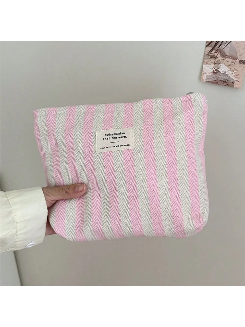 Bolsa de maquillaje portátil multifuncional con rayas verticales rosas, bolsa de maquillaje de gran capacidad para almacenamiento de cosméticos y pintalabios, bolsa de maquillaje de viaje