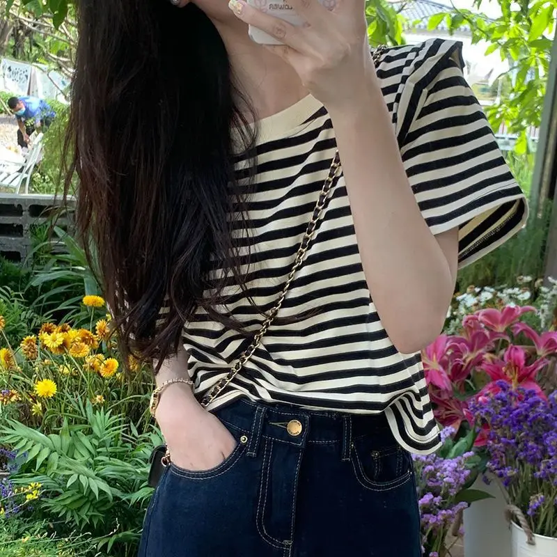 تي شيرت نسائي مخطط عتيق من harajuku من القطن الخالص بأكمام قصيرة أسود y2k ملابس غير رسمية فضفاضة للشارع تي شيرت نسائي صيفي