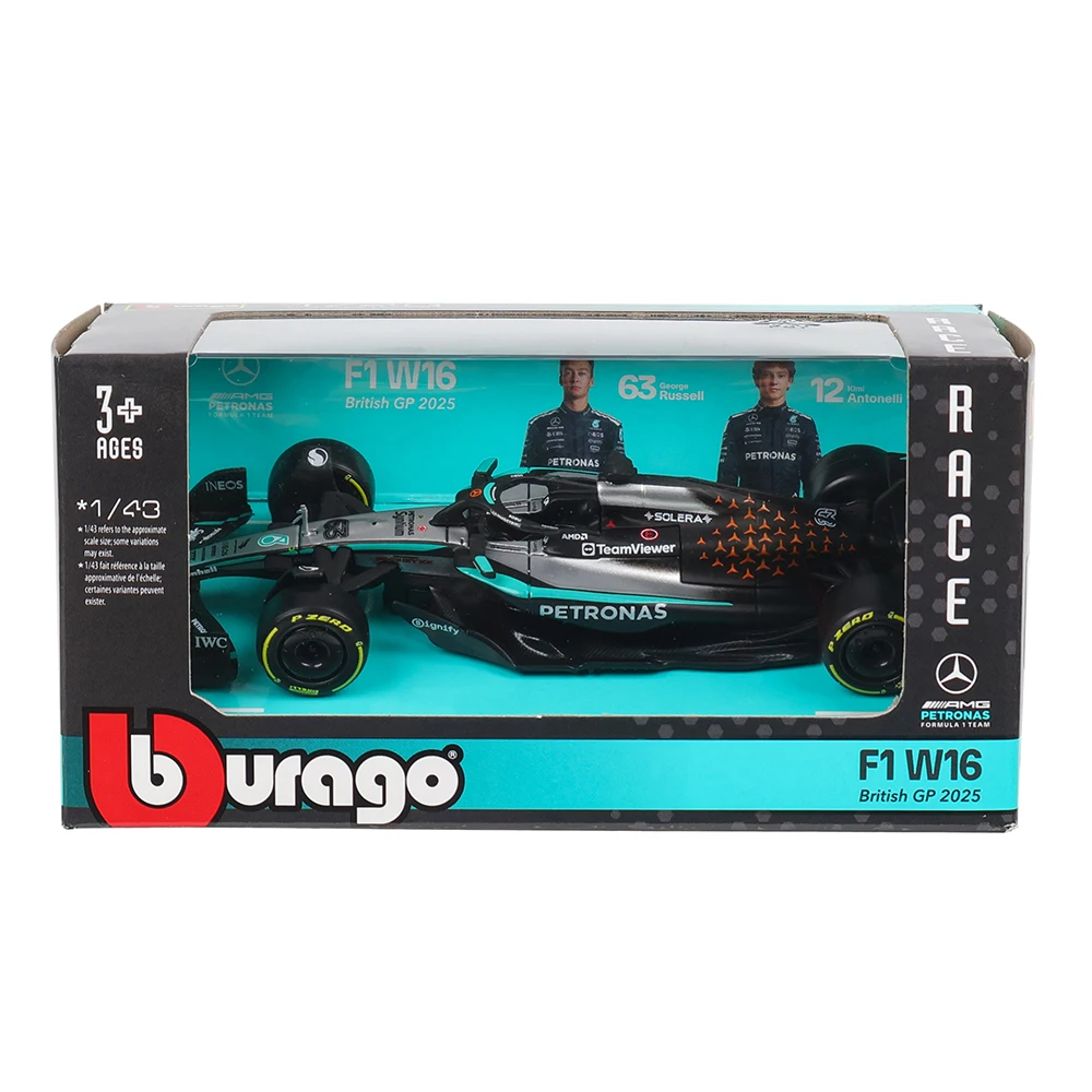 W16 # 12 # 63 Bburago 1:43 Mercedes-AMG F1 Team, Coche de Carreras de Fórmula 1 de Metal Fundido a Presión, Vehículos de Competición, Modelo de Coche de Carreras, Juguetes, Gran Premio Británico