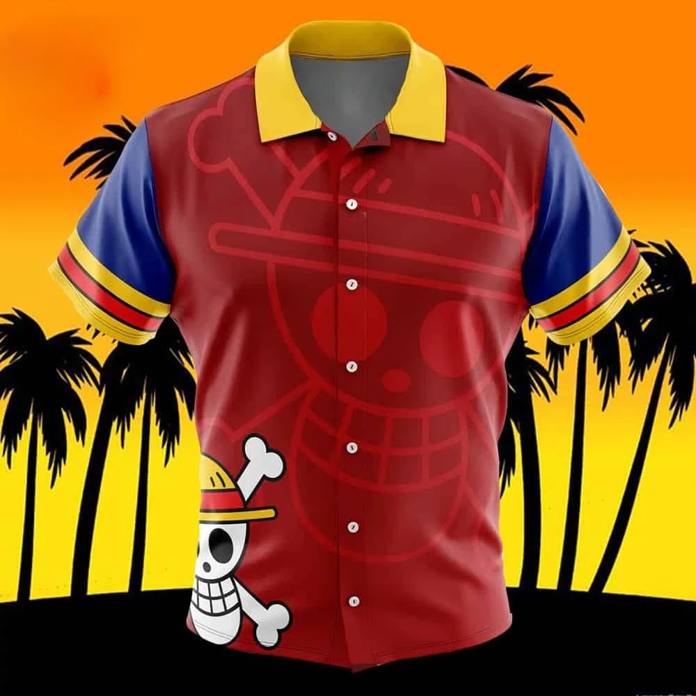 Neues One Piece Luffy Button-Up-Hawaiihemd mit 3D-Druck, modisches Y2k-Harajuku-Anime-Cosplay-Kostüm, Herren- und Damenhemd