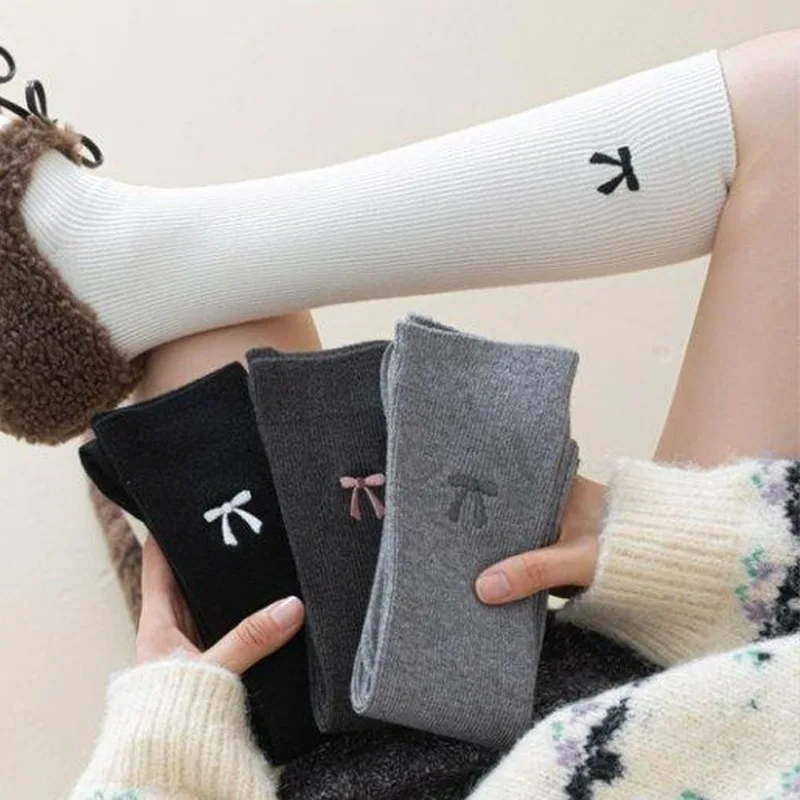 

JK Bow Socks Women Winter Thick Cotton Breathable Warm Breathable Pile Socks Long Tube Socks Stacked Knitted Thigh High Stocking