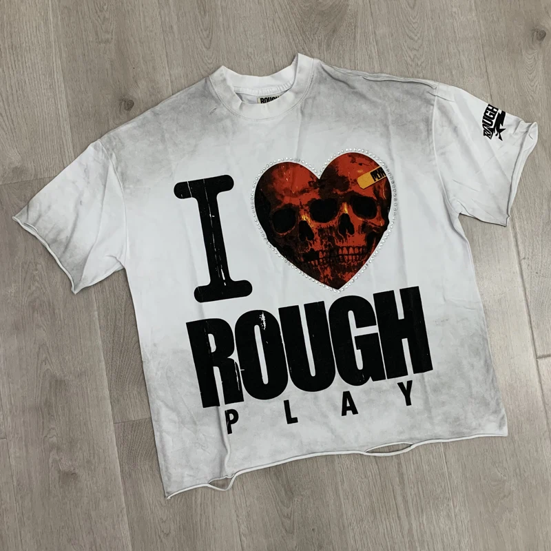 

Trend Love Heart Skull Letter Print ROUGHPLAY Short Sleeve Top Tee Men Women Washed Retro Hole T-shirt One Day Shipped Out