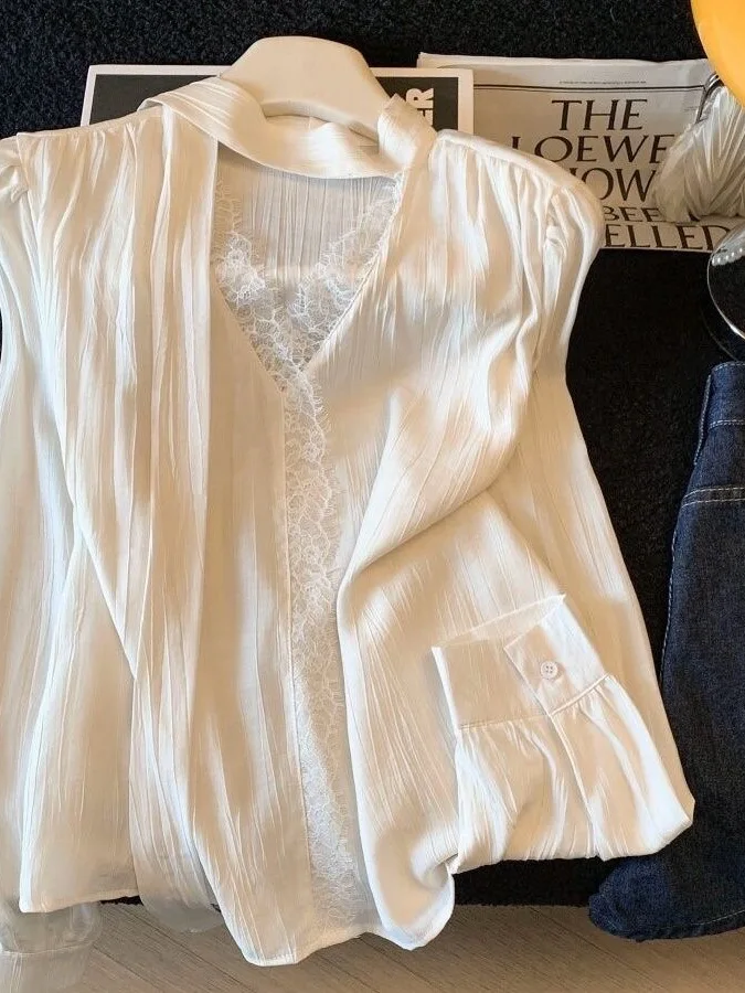 

Elegant Necktie Chiffon Blouse Women's Spring Design Lace Apricot Color Shirt Top Skin-friendly Breathable V-neck Long S...