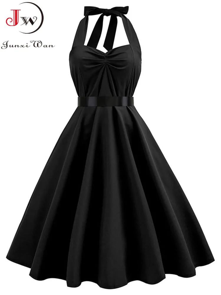 Women Sexy Nightclub Dress Summer Vintage Halter Party Dresses Elegant Cocktail Blackless A-Line Blue Black Dress