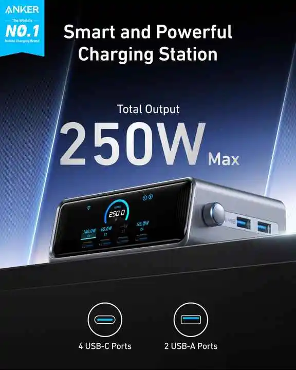 TLF Anker Prime 250W GaN Charger Prime USB C Charging Station,Ultra-Fast 6-Port, 2.26" LCD Display and Smart Control Dial
