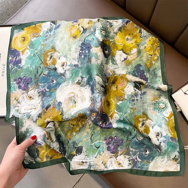 New Oil Painting Flower Mulberry Square Green Series All-Matching Printed Light Pastoral Style Silk Scarf