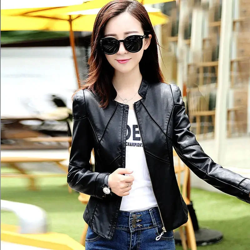 PU Leather Jacket Women's 2024 Spring Autumn New Outwear High Quality Short Slim Coat Korean Stand-UP Collar Overcoat Female Top