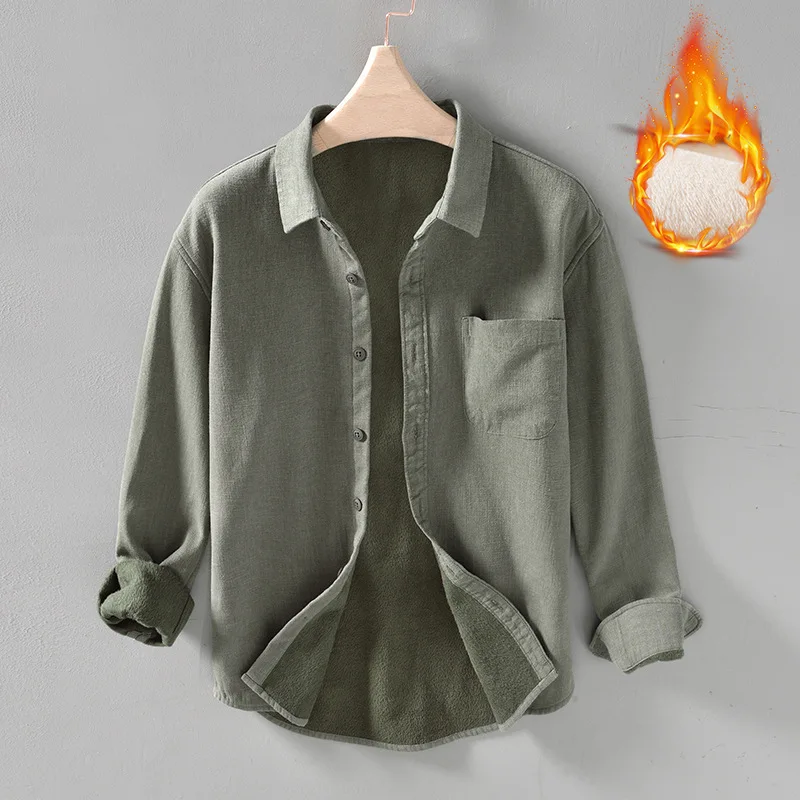 

Winter Thickened Men's Cotton Linen Shirts Stand Collar Casual Warm Fleece long Sleeve Blouses with Pocket