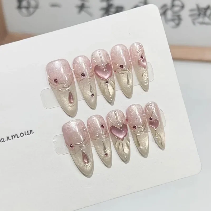 10Pcs /Set Full Cover False Nails Press on Nails Fake Nails Diy Pure Handmade Removable Cat Eye Love Gradient French