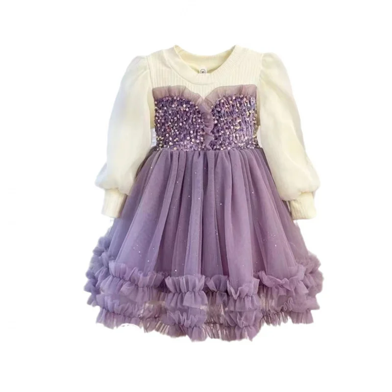 Dress Girls\' Spring and Autumn2024Dress New Children\'s Birthday Sequined Fashionable Fleece-Lined Gauze Dress Princess Convex Sk
