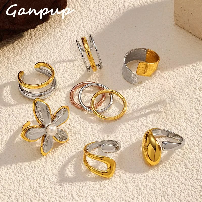 GANPUP 316L Stainless Steel Metal Two Color Floral Geometric Open Ring for Women New Trendy Waterproof Finger Rings Jewelry Gift