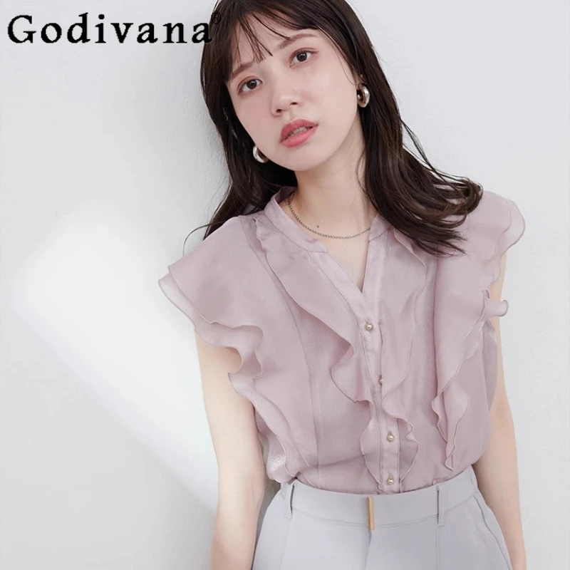 

Japanese Style Sweet Fashion V-Neck Flying Sleeve Shirt Summer New 2025 Women's Slim Elegant Blouses Office Lady Daily Tops