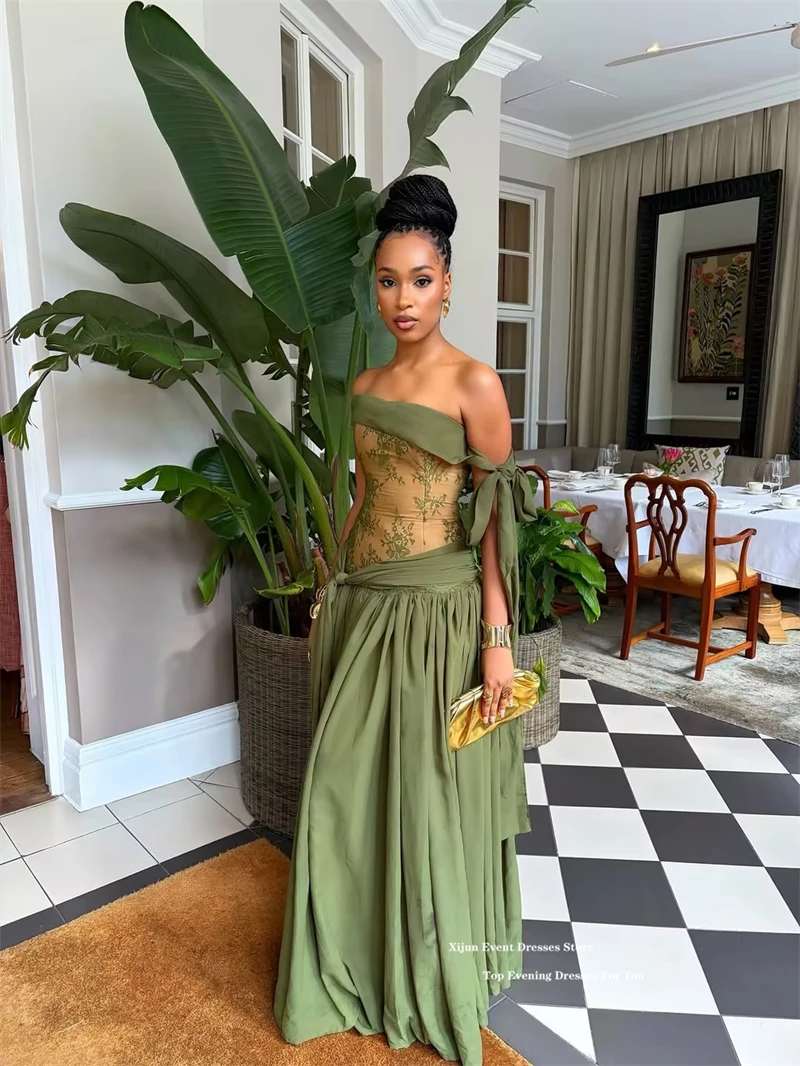 Xijun Modern Green Long Evening Dresses Lace Chiffon Off The Shoulder Prom Dresses A-Line Pleated Formal Prom Gowns Customized
