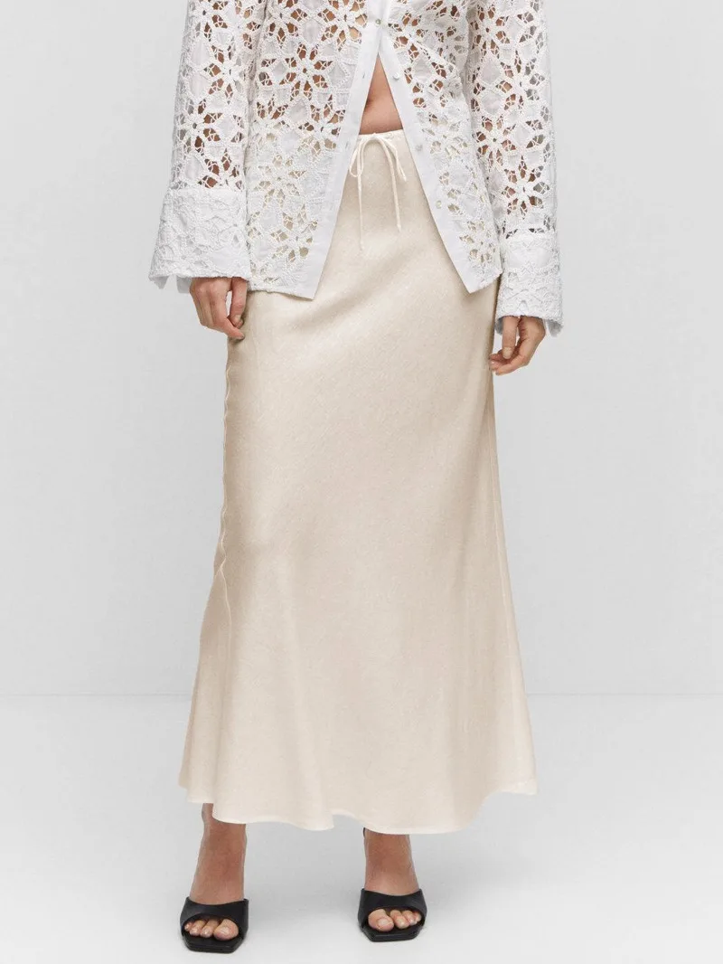2026 Spring Summer Solid Color Satin Long Skirt For Women High Waist Lace-Up Fashion Elegant Faldas Light Luxury Women's Skirt