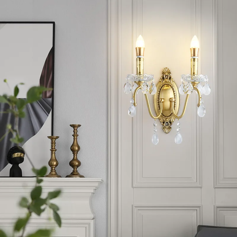 French retro brass crystal wall lamp light luxury all copper bedroom bedside lamp entrance entrance