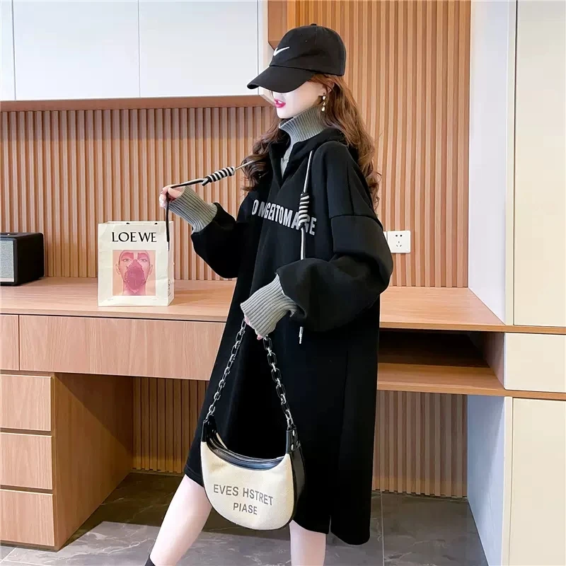 

2022 Casual Splice Knitted Fake Two Piece High Neck Sweatshirts for Women Clothing Autumn Winter Hoodies Loose Chic Tops bd660