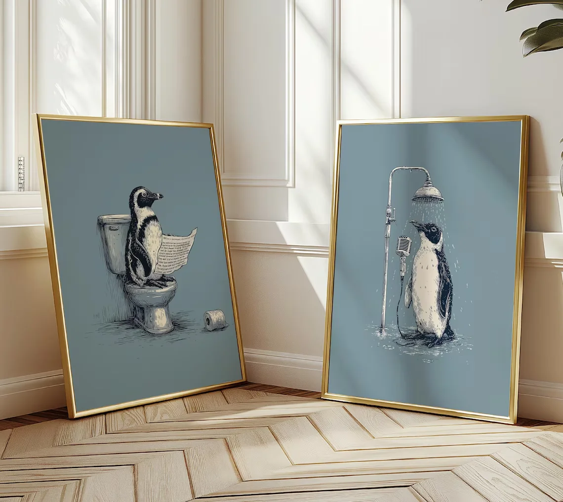 Penguin Bathroom Prints (Set of 2) - Bathroom Wall Art - Guest Toilet Decor - Funny Penguin Shower and Toilet Art