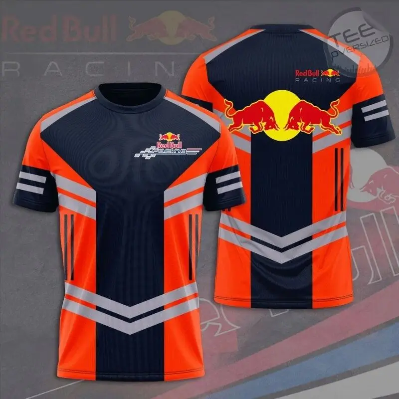 Red Bull Racing T Shirt Men Quick Dry Short Sleeve, Orange Navy Motorsport Racing Fan Top For Summer Outdoor