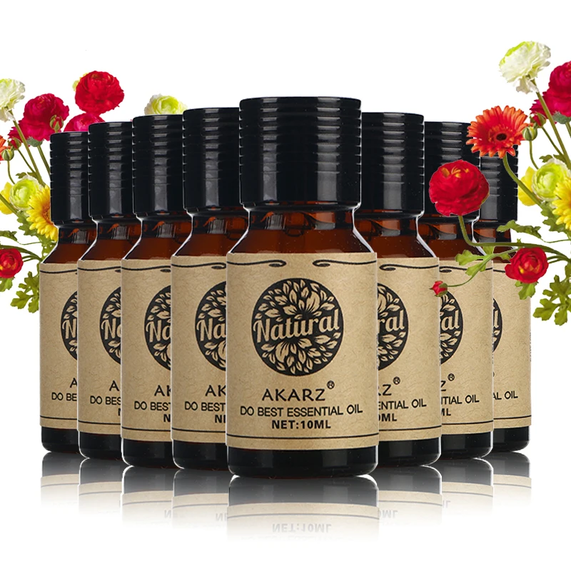 

8-Bottle AKARZ Essential Oil Gift Set - Castor, Camellia, Ylang ylang, & More - Aromatherapy - Massage & Spa - 10ml bottles