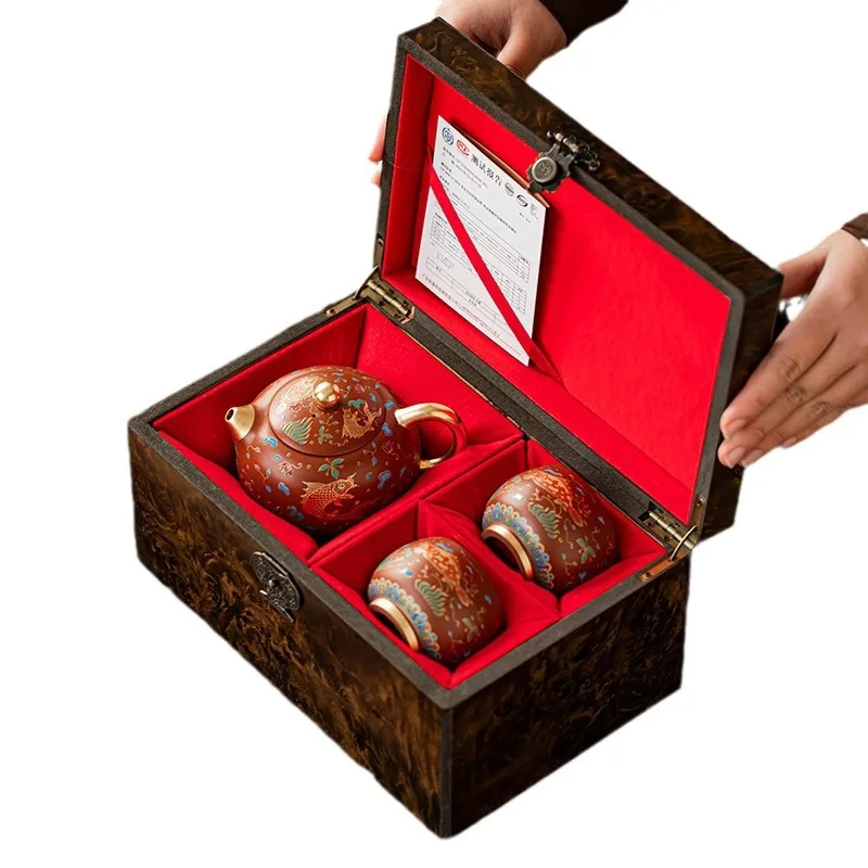 

Purple sand tea set, Xishi pot, one pot and two cups of kung fu tea set, gilt high-end teapot, teacup set