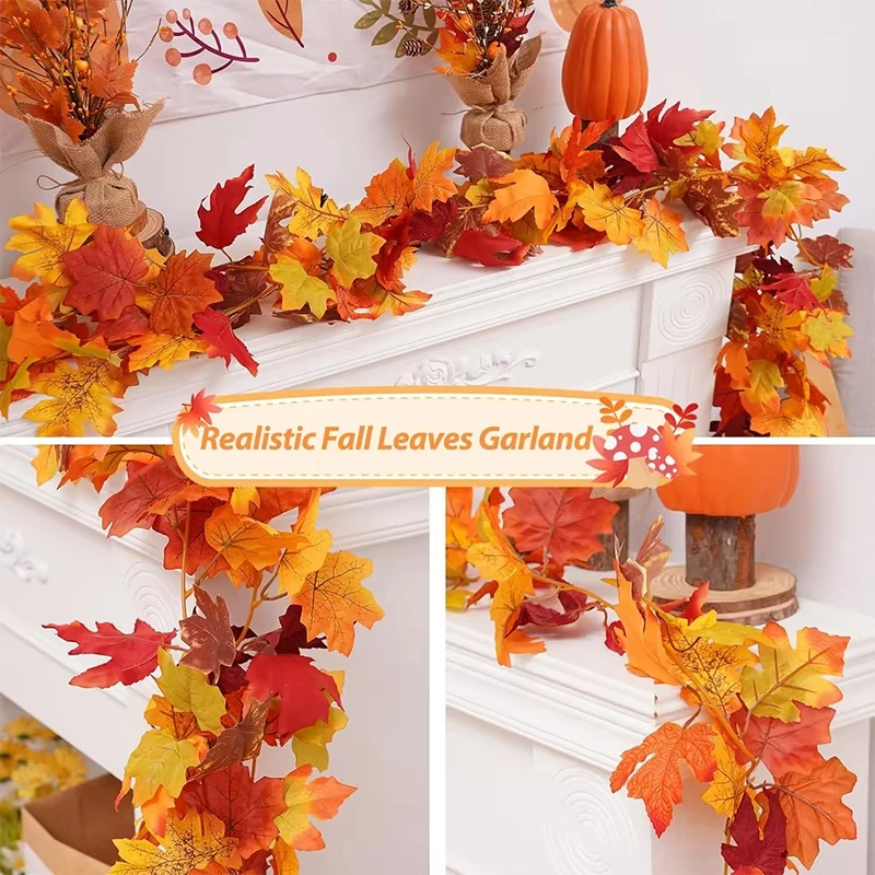 175CM Autumn Artificial Maple Leaf Wreath Fake Leaf Plant Vine Home Decor Garden Halloween Wall Outdoor Doors Windows Decoration