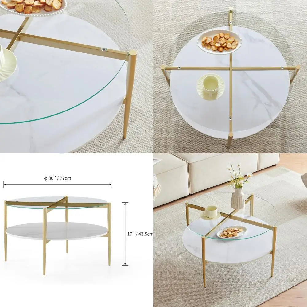 

Round Glass Top Coffee Table with Two-Tier Storage, 30-Inch White Wooden Frame and Gold Legs