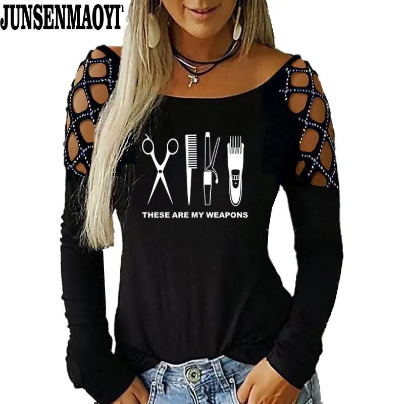 

Barber scissors Weapon Long Sleeve T Shirt Casual Women O-Neck Autumn Woman's T-shirt Clothing Hollowing Out Top Tees