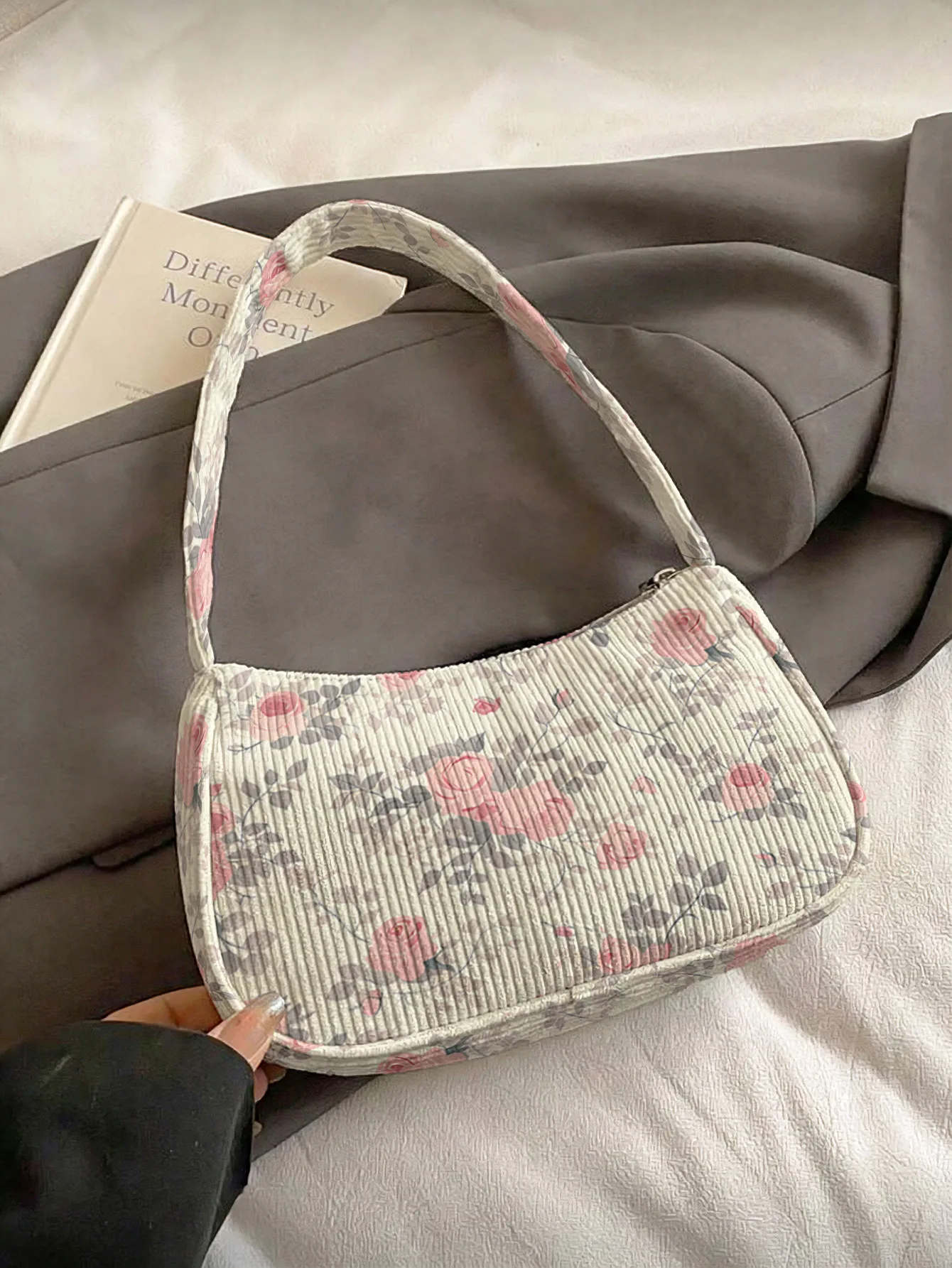 Trendy Vintage Pink Rose Floral Print Shoulder Bag, Romantic Beige Corduroy Underarm Bag