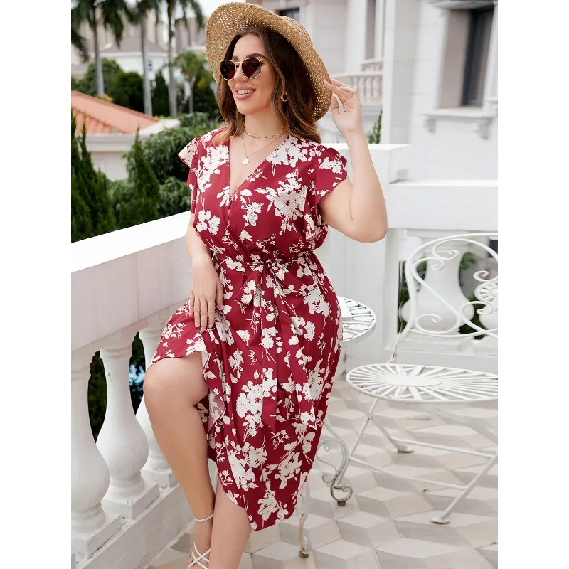 XL-4XL Summer Cusual Dresses Plus Size Women Clothing Short Sleeve V Neck Flower Pattern Bandage Beach Long Dress Dropshipping