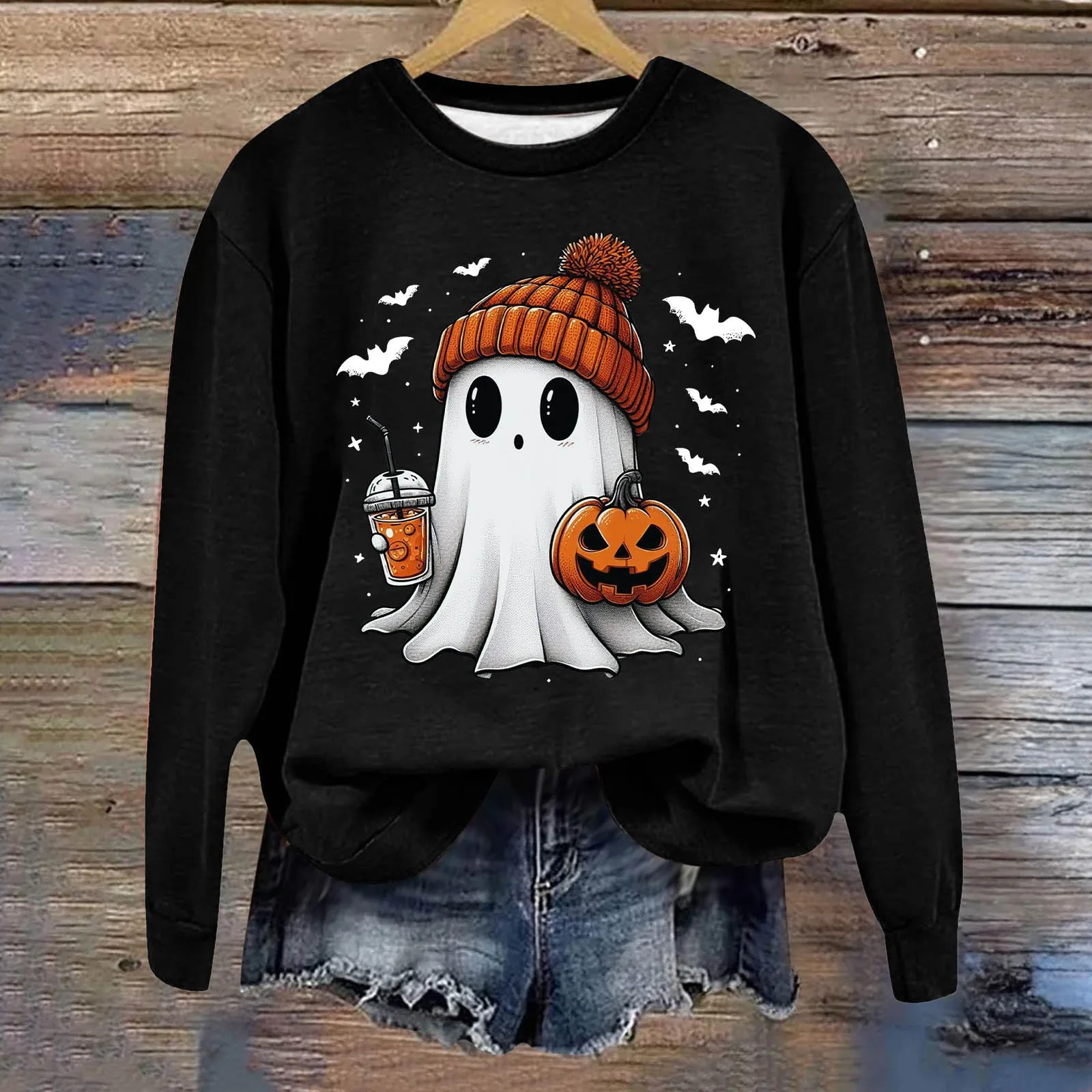 Halloween sweter lengan panjang gambar labu hantu kartun lucu Sweatshirt tanpa tudung leher bulat longgar minimalis Y2k