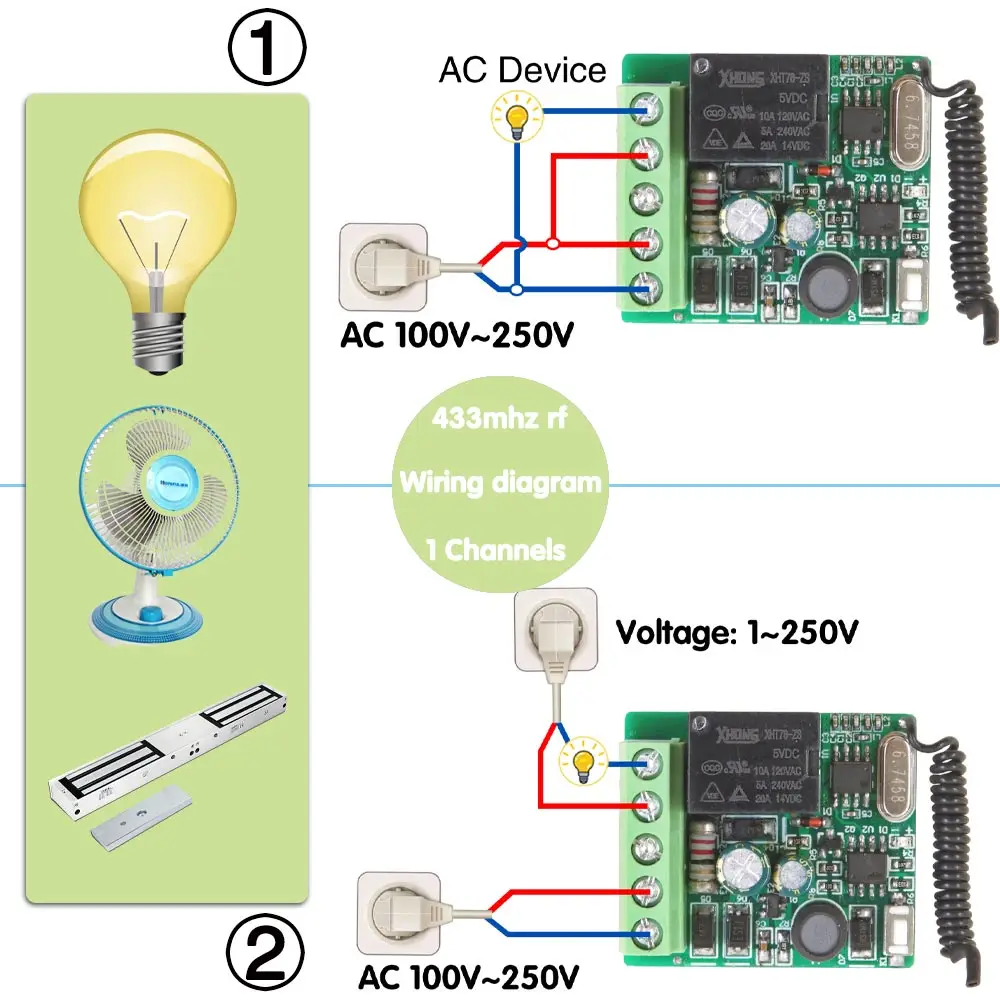 433Mhz Wireless Remote Control module Switch AC 220V 1CH Remote Control Relay Receiver and Rf on off Transmitter,for Light Fan