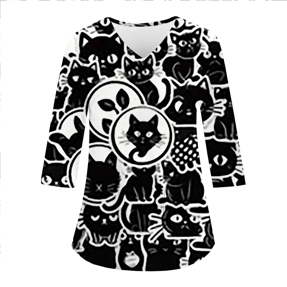 Women Halloween Print Nurse Medical Uniform 3/4 Sleeve Scrub Uniform V-neck Blouse Tops Pocket Carers Pet Grooming Work Wear Med