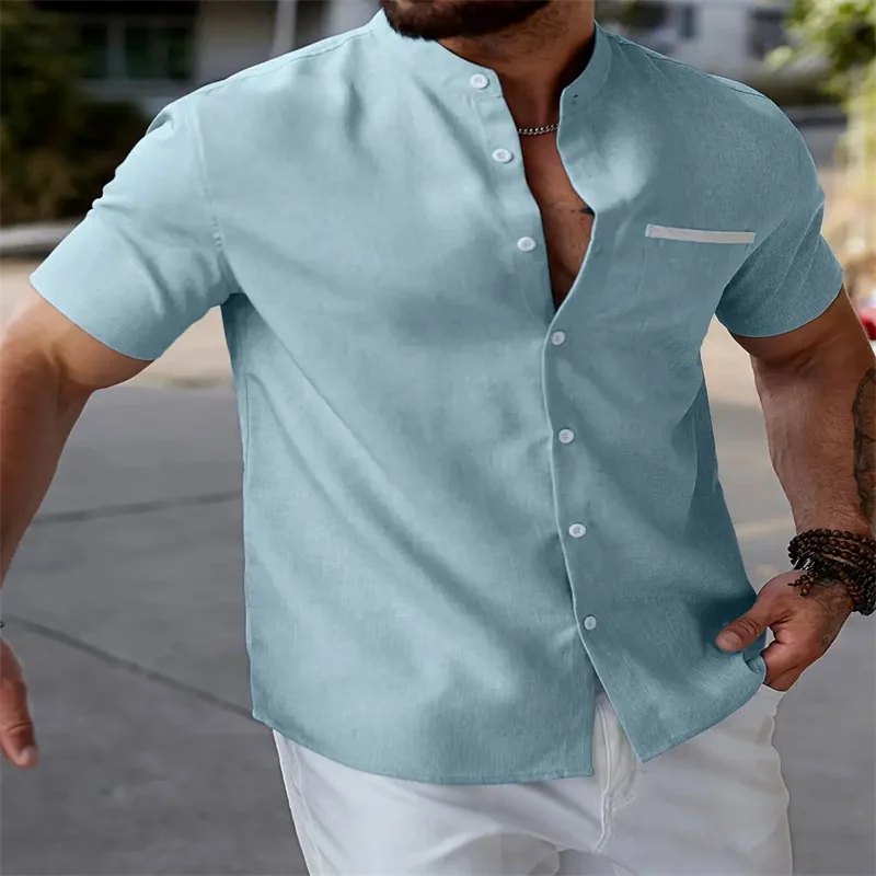 

Men's solid color shirt daily short sleeved V-neck buckle fashion designer casual comfortable breathable