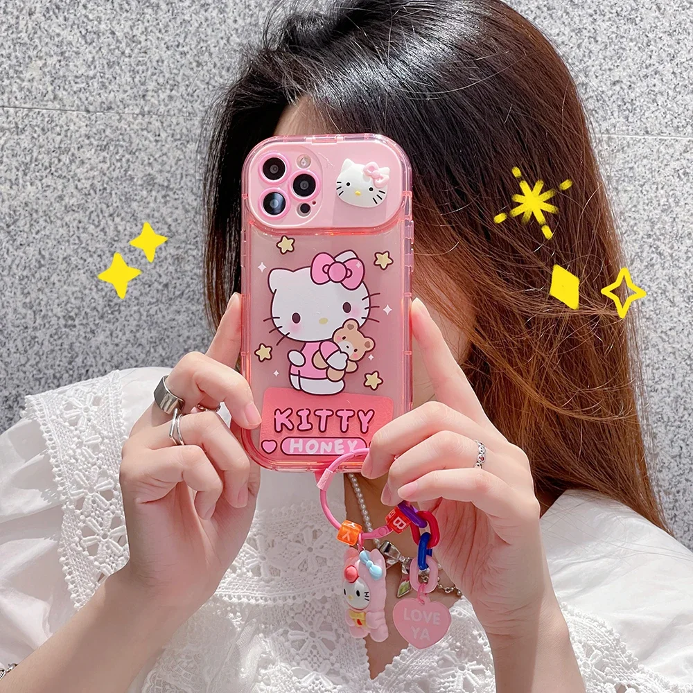 Sanrio Hallo Kitty Kuromi Melodie Cinna moroll mit Ornamenten Make-up Spiegel Handy hülle für iPhone 11 12 13 14 15 pro xs xr max