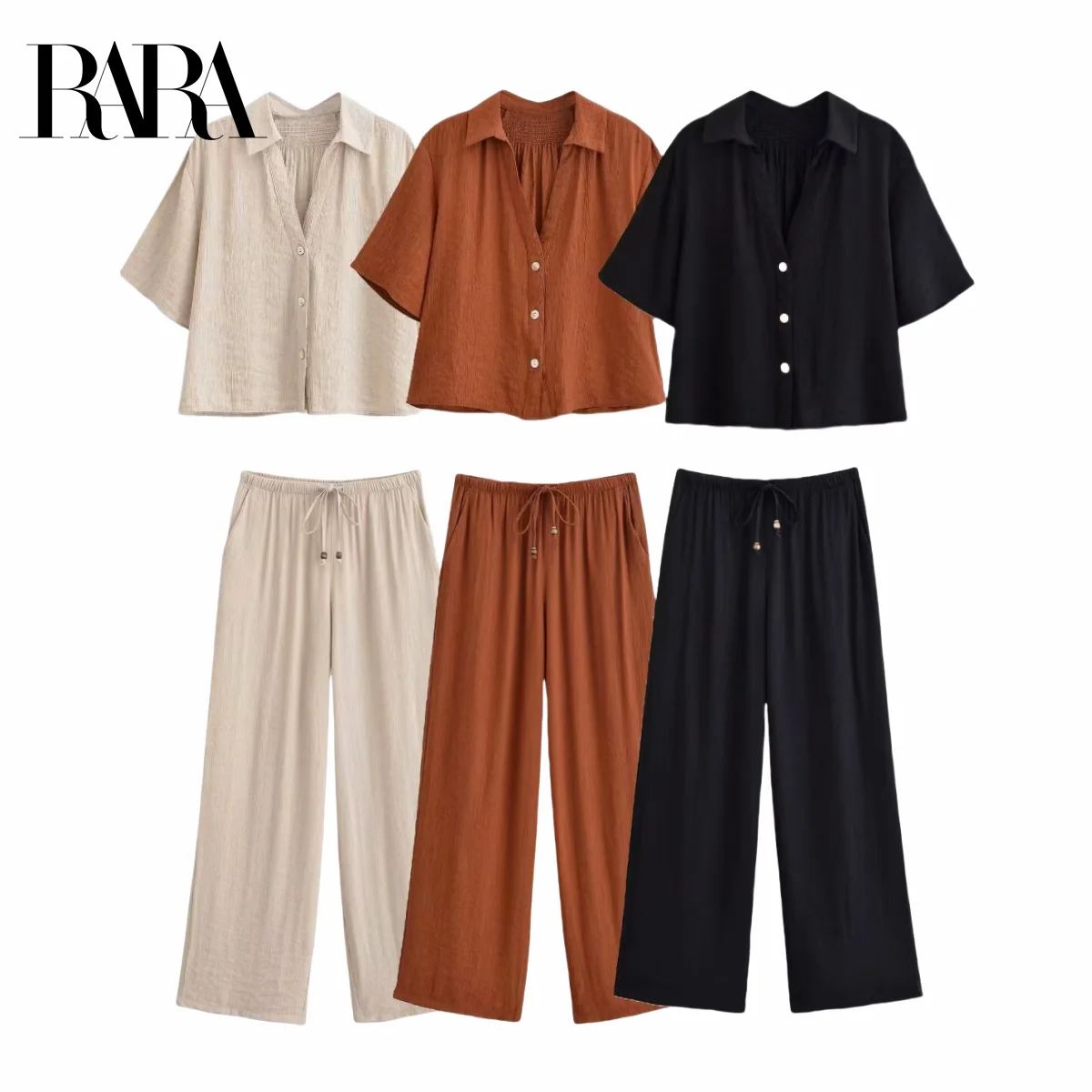 

RARA 2025 New Arrival Women's Short - Sleeve Collared Button - Down Crop Top and Drawstring - Waist Wide - Leg Pants Set
