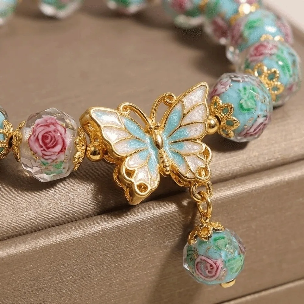Skin-Friendly Beaded Hand Chain Delicate Enamel Drip Technique Butterfly Pendant Bracelet Vintage Style Sweet Handmade Jewelry